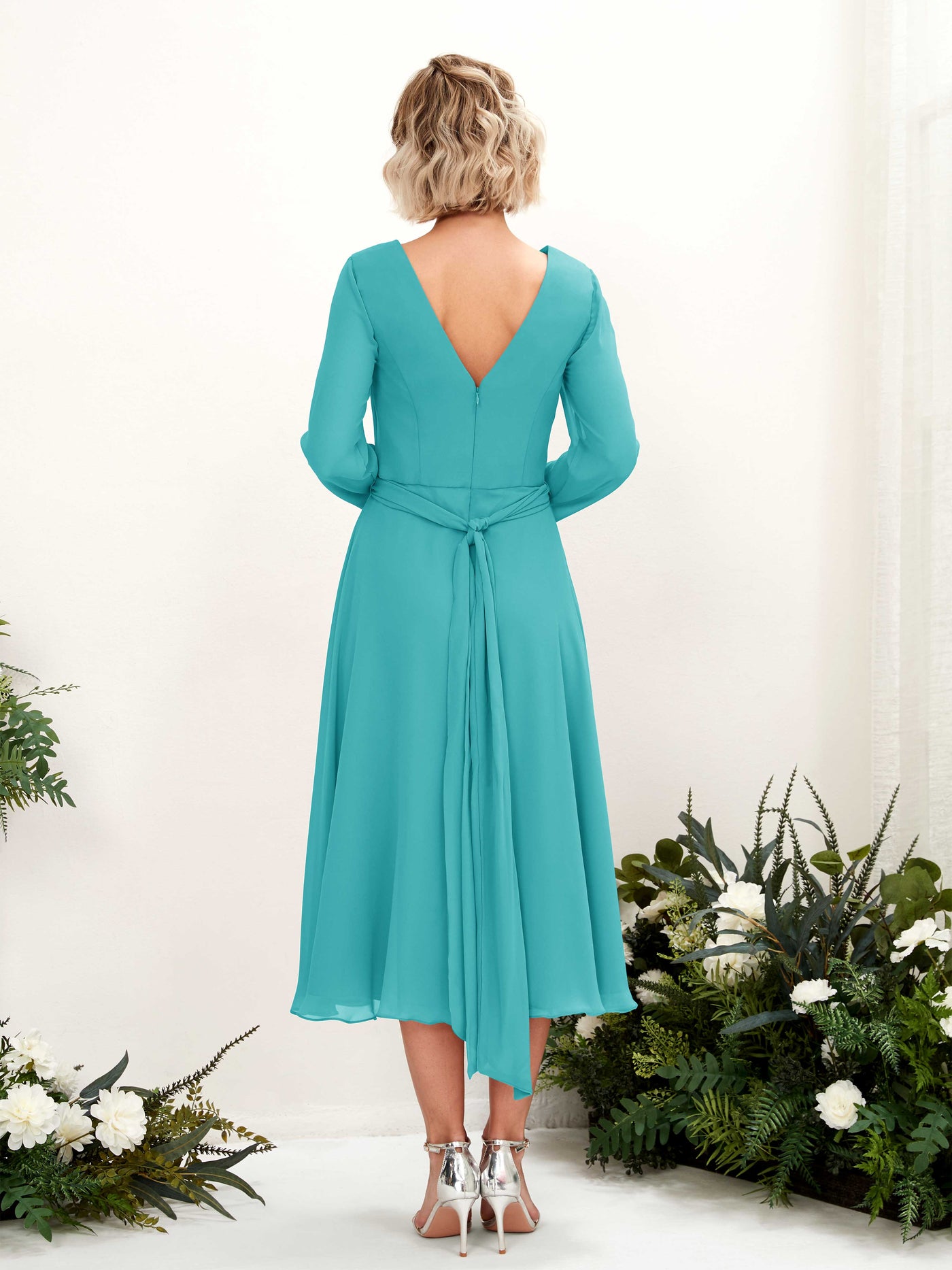 Carlyna A-Linien-Kleid V-Ausschnitt Langarm Wadenlang Brautjungfernkleider Türkis #farbe_t-rkis