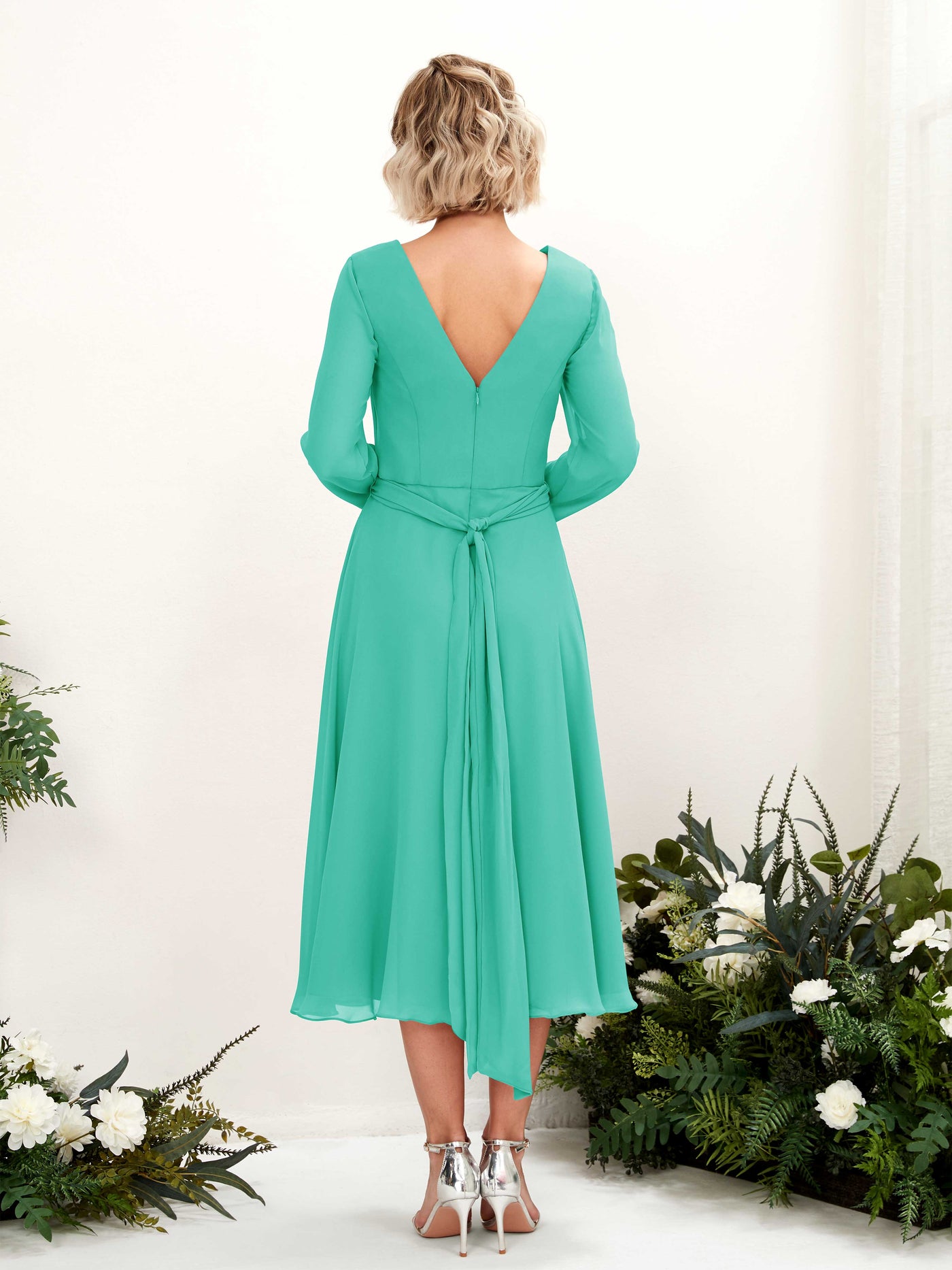 Carlyna A-Linien-Kleid V-Ausschnitt Langarm Wadenlang Brautjungfernkleider Tiffany-Blau #farbe_tiffany-blau