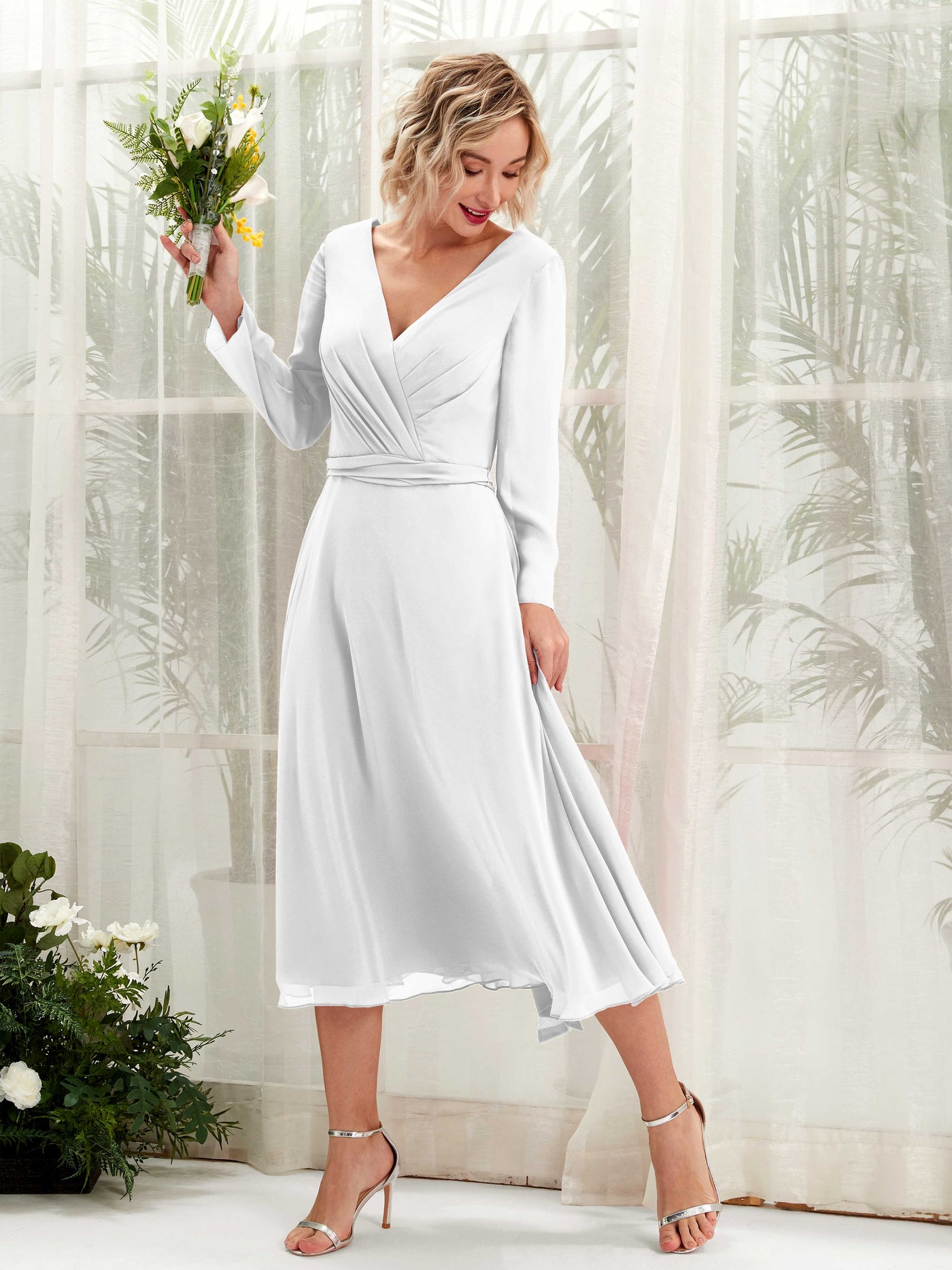 Carlyna A-Linien-Kleid V-Ausschnitt Langarm Wadenlang Brautjungfernkleider Weiß #farbe_wei