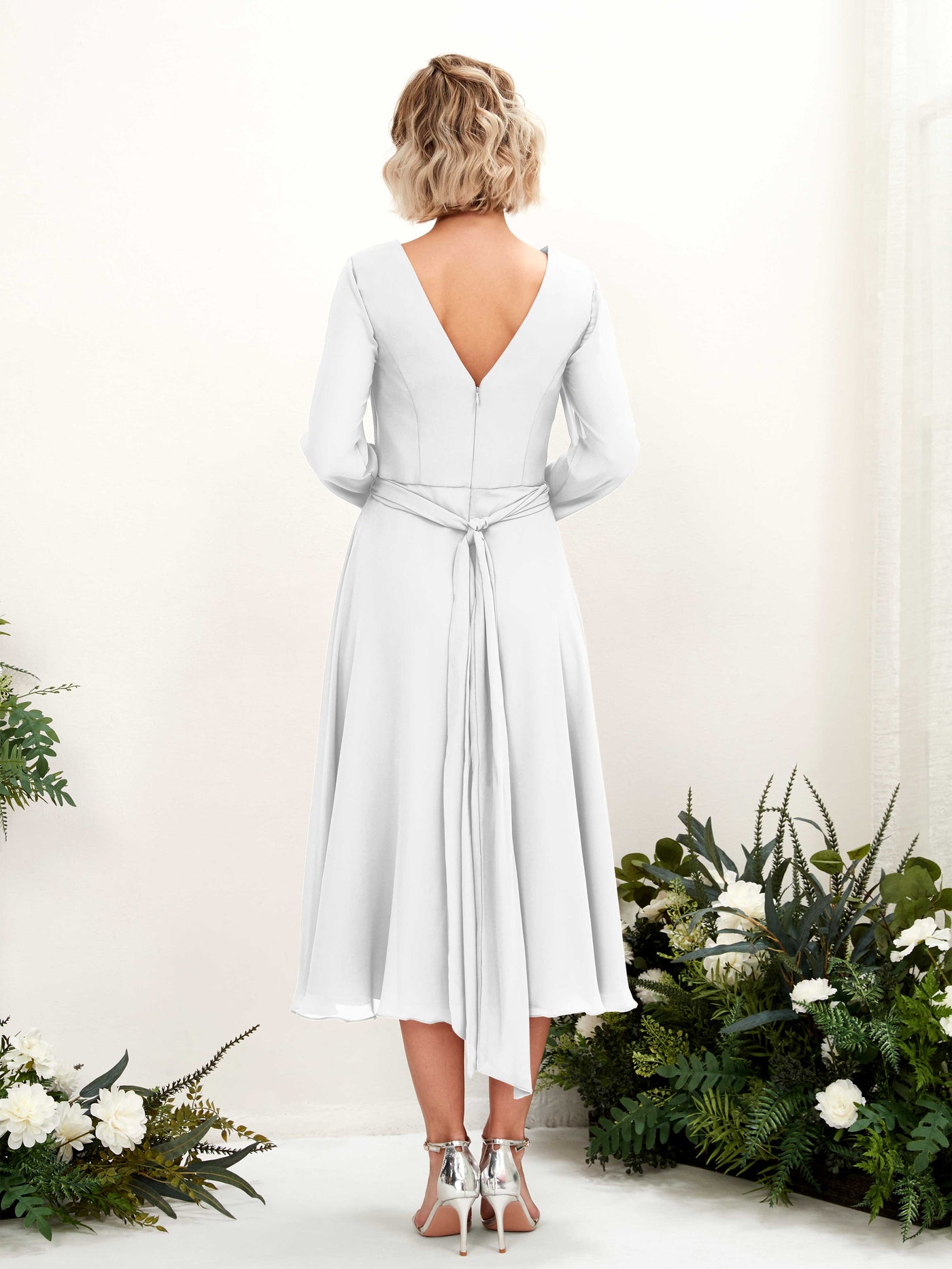 Carlyna A-Linien-Kleid V-Ausschnitt Langarm Wadenlang Brautjungfernkleider Weiß #farbe_wei