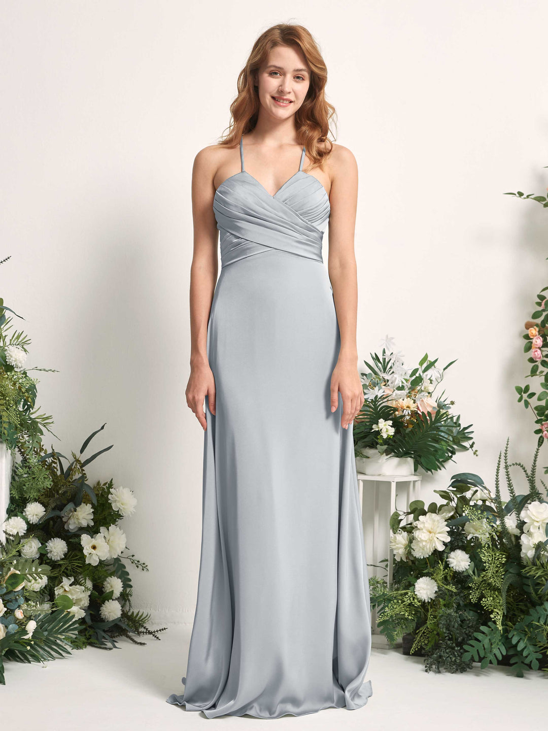 Carlyna A-Linien-Kleid V-Ausschnitt Satin Brautjungfernkleid Baby Blau 