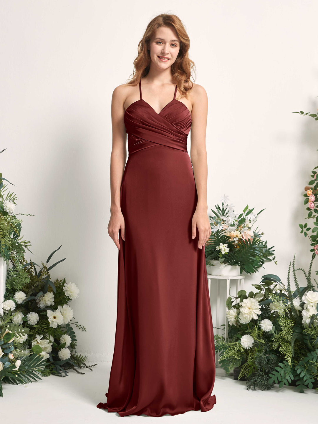 Carlyna A-Linien-Kleid V-Ausschnitt Satin Brautjungfernkleid Burgunderrot 