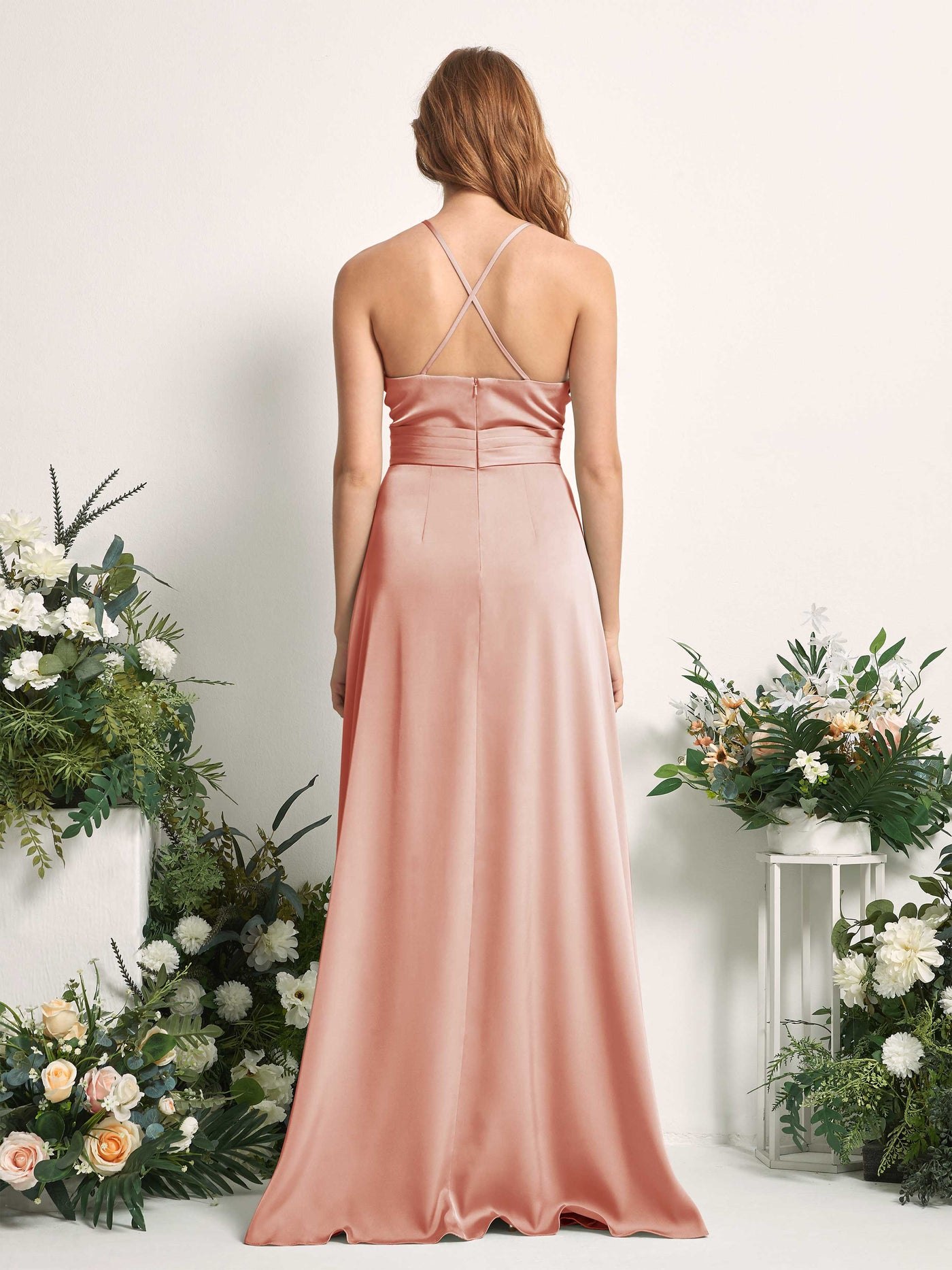 Carlyna A-Linien-Kleid V-Ausschnitt Satin Brautjungfernkleid Cantaloupe #farbe_cantaloupe