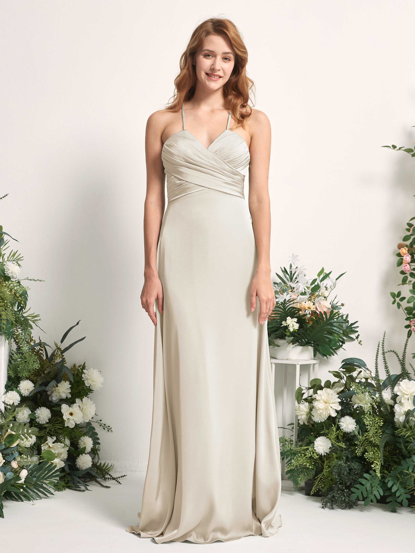 Carlyna A-Linien-Kleid V-Ausschnitt Satin Brautjungfernkleid Champagner #farbe_champagner