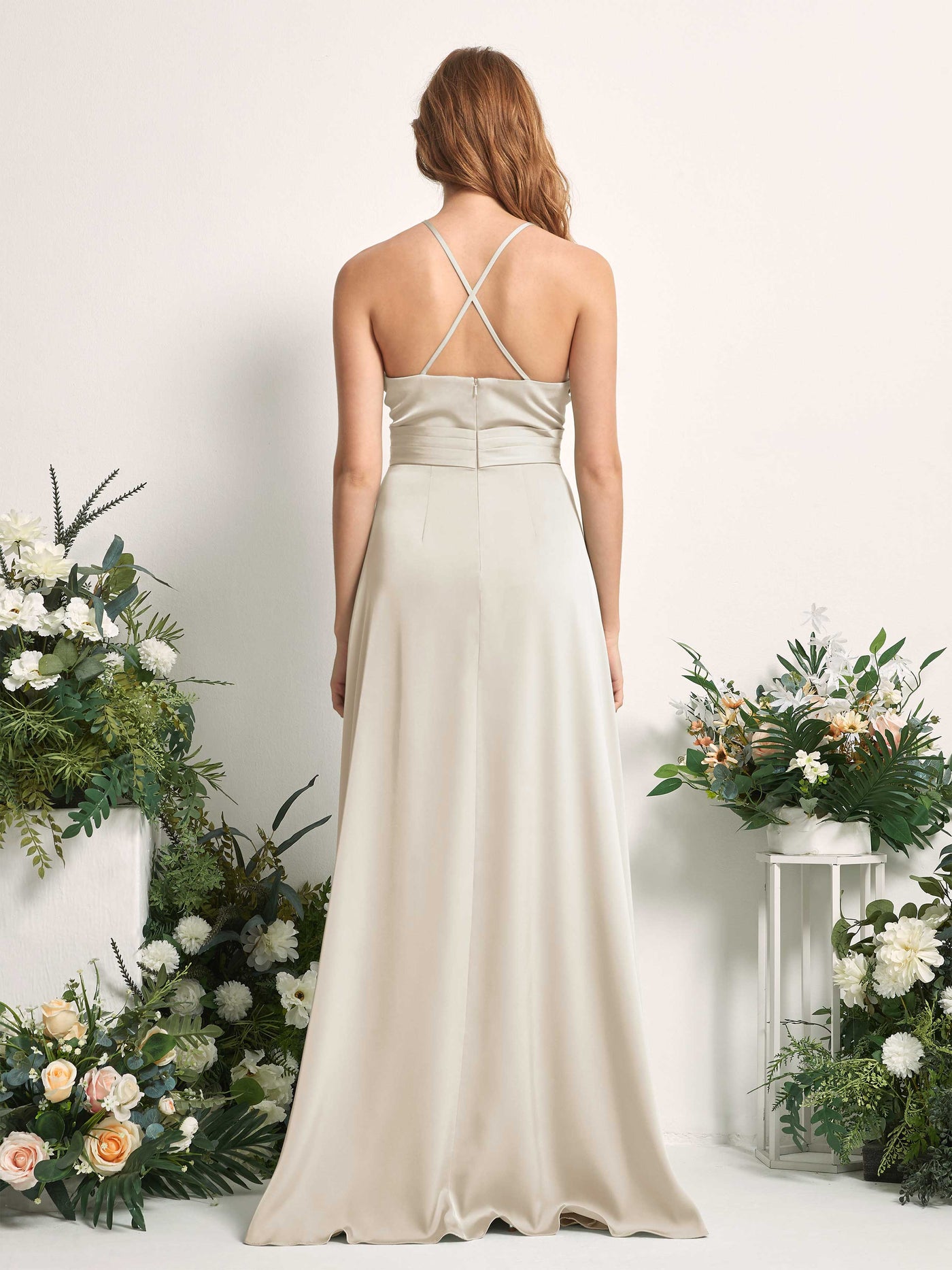 Carlyna A-Linien-Kleid V-Ausschnitt Satin Brautjungfernkleid Champagner #farbe_champagner