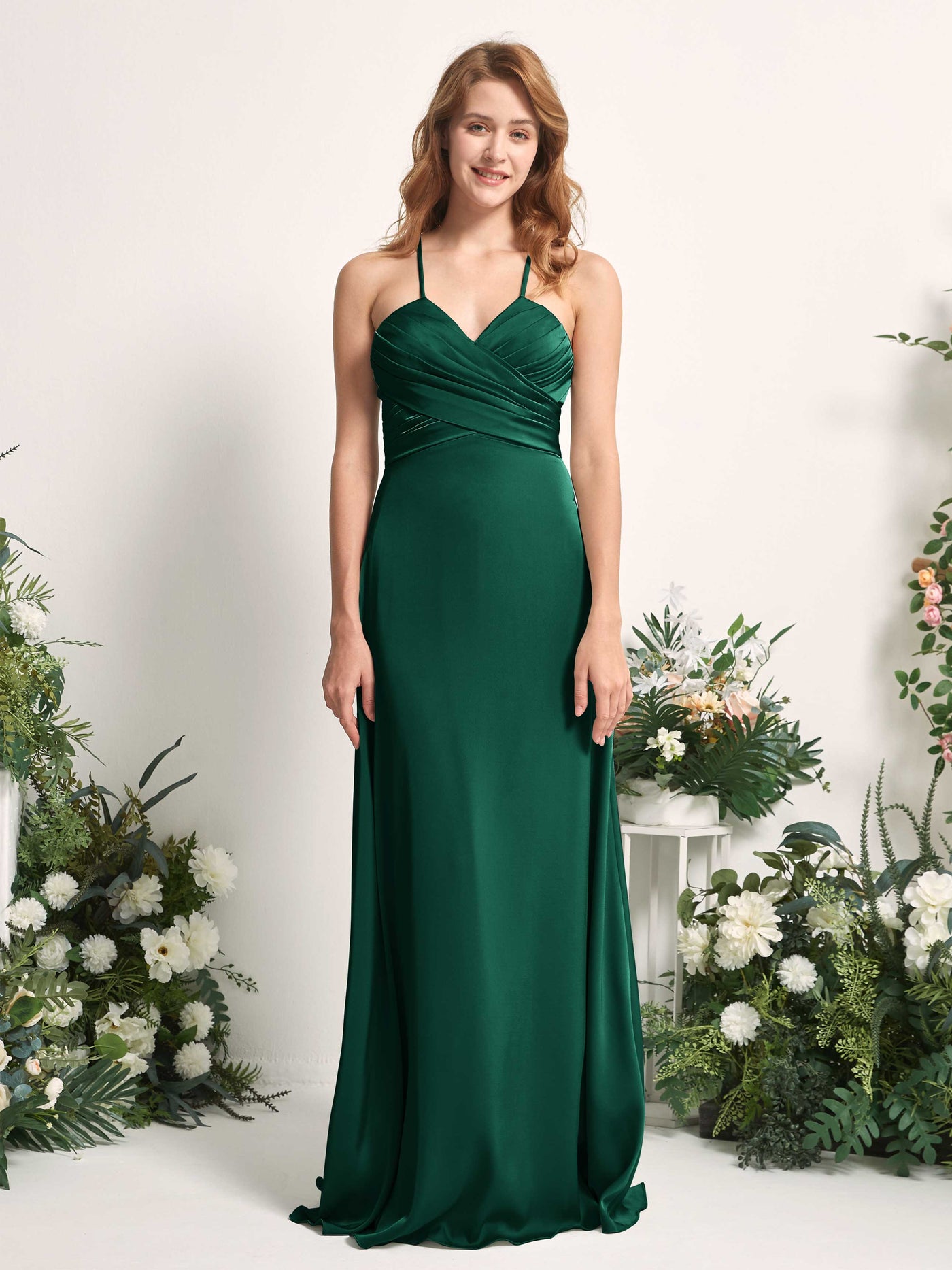 Carlyna A-Linien-Kleid V-Ausschnitt Satin Brautjungfernkleid Jägergrün #farbe_j-gergr-n