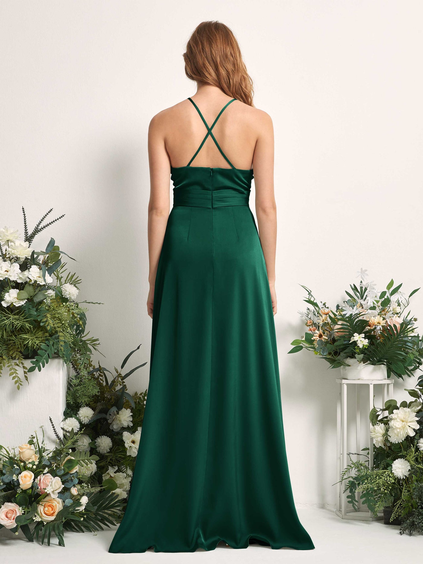 Carlyna A-Linien-Kleid V-Ausschnitt Satin Brautjungfernkleid Jägergrün #farbe_j-gergr-n