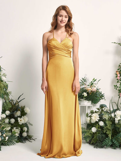 Carlyna A-Linien-Kleid V-Ausschnitt Satin Brautjungfernkleid Kanariengelb #farbe_kanariengelb