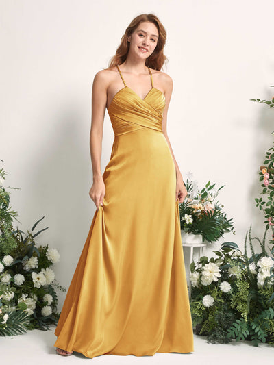 Carlyna A-Linien-Kleid V-Ausschnitt Satin Brautjungfernkleid Kanariengelb #farbe_kanariengelb