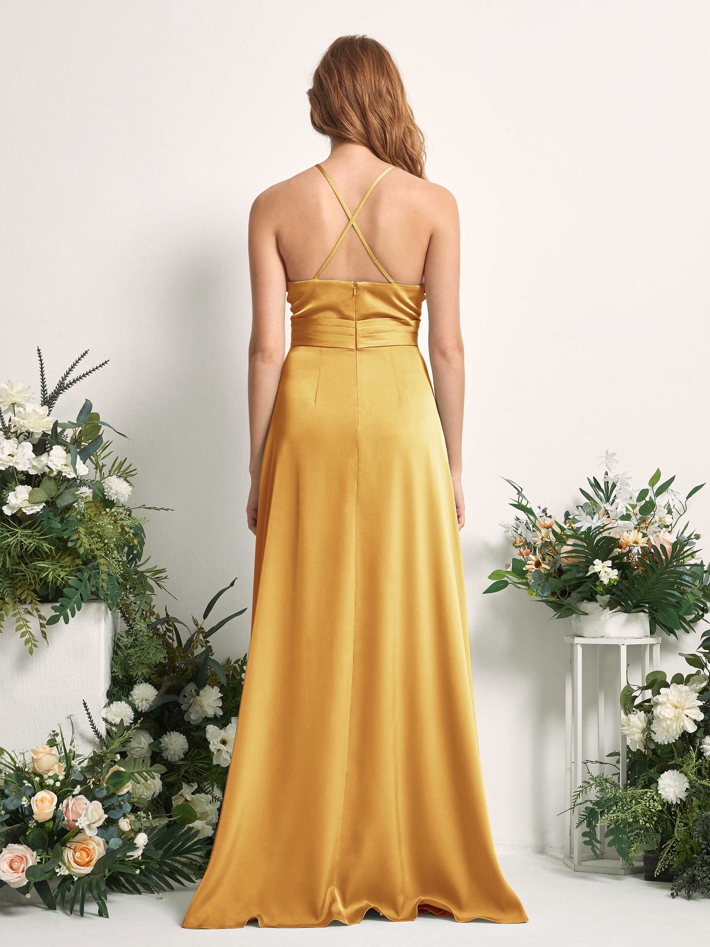 Carlyna A-Linien-Kleid V-Ausschnitt Satin Brautjungfernkleid Kanariengelb #farbe_kanariengelb