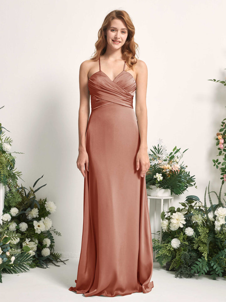 Carlyna A-Linien-Kleid V-Ausschnitt Satin Brautjungfernkleid Natur-Siena 