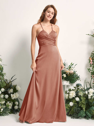 Carlyna A-Linien-Kleid V-Ausschnitt Satin Brautjungfernkleid Natur-Siena #farbe_natur-siena