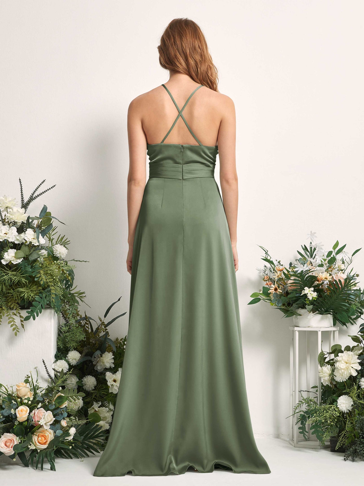 Carlyna A-Linien-Kleid V-Ausschnitt Satin Brautjungfernkleid Olivgrün #farbe_olivgr-n