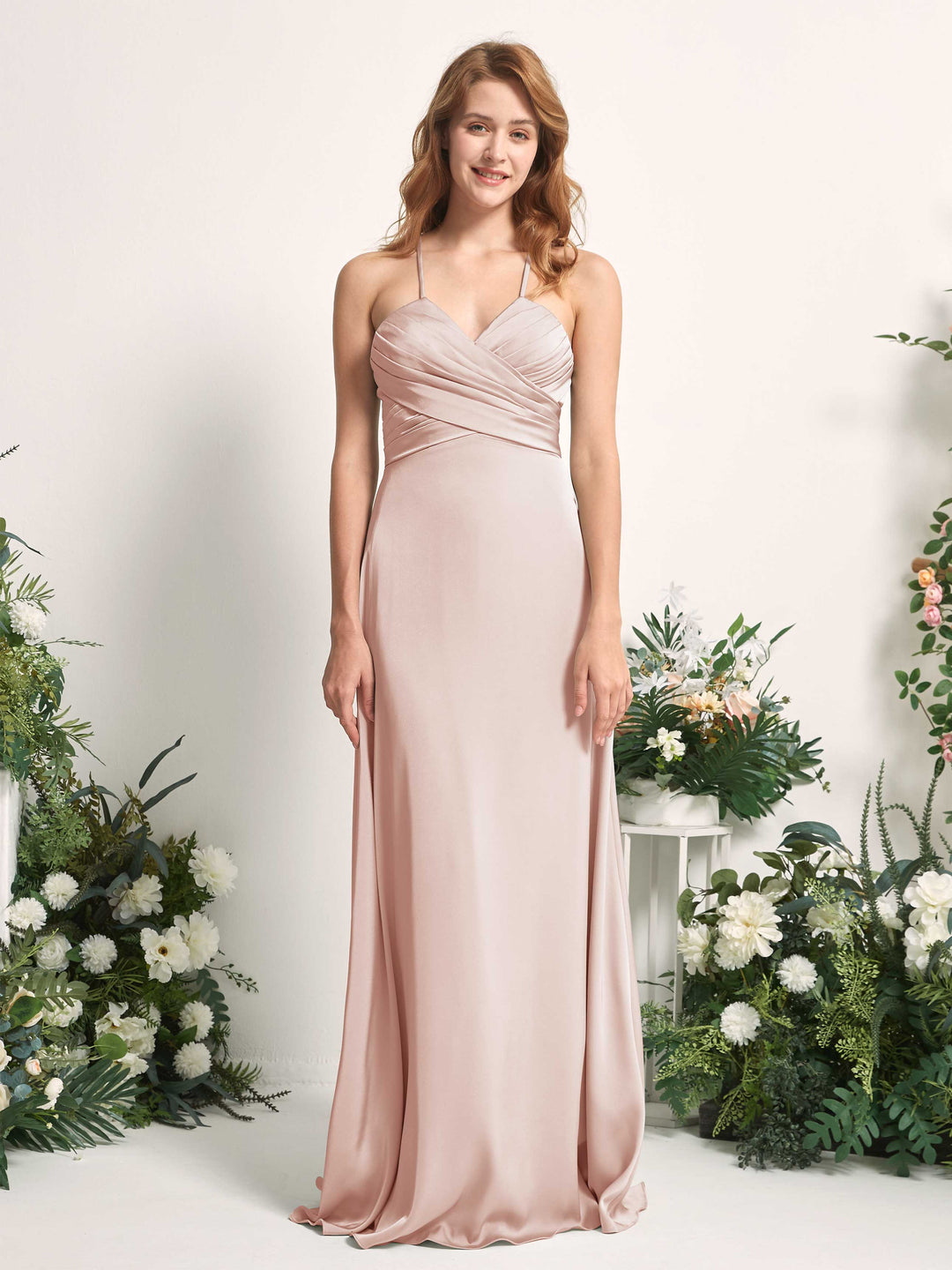 Carlyna A-Linien-Kleid V-Ausschnitt Satin Brautjungfernkleid Perlrosa 