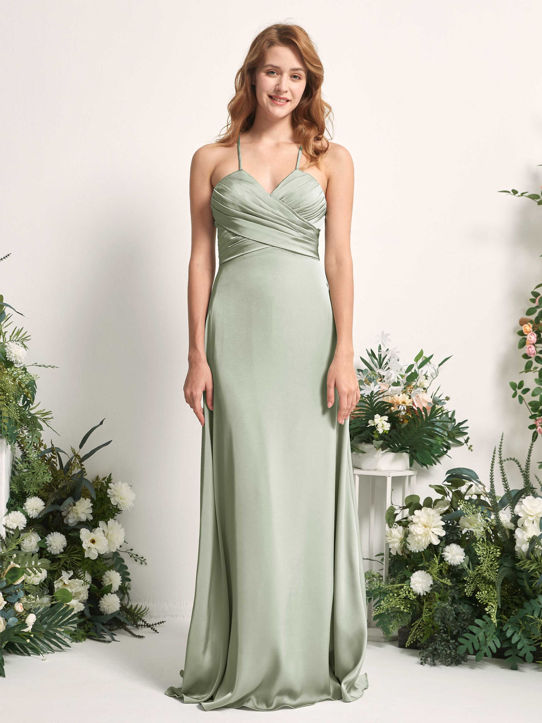 Carlyna A-Linien-Kleid V-Ausschnitt Satin Brautjungfernkleid Salbeigrün 