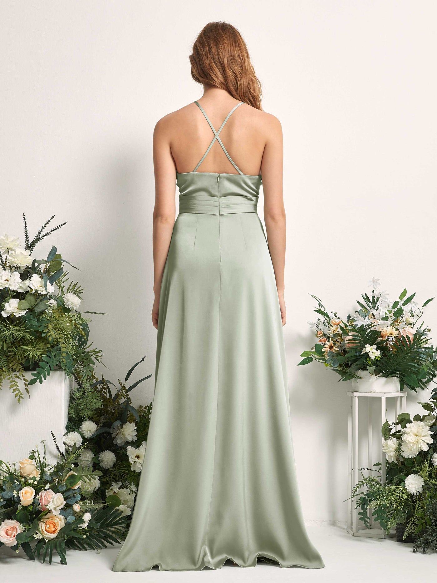 Carlyna A-Linien-Kleid V-Ausschnitt Satin Brautjungfernkleid Salbeigrün #farbe_salbeigr-n