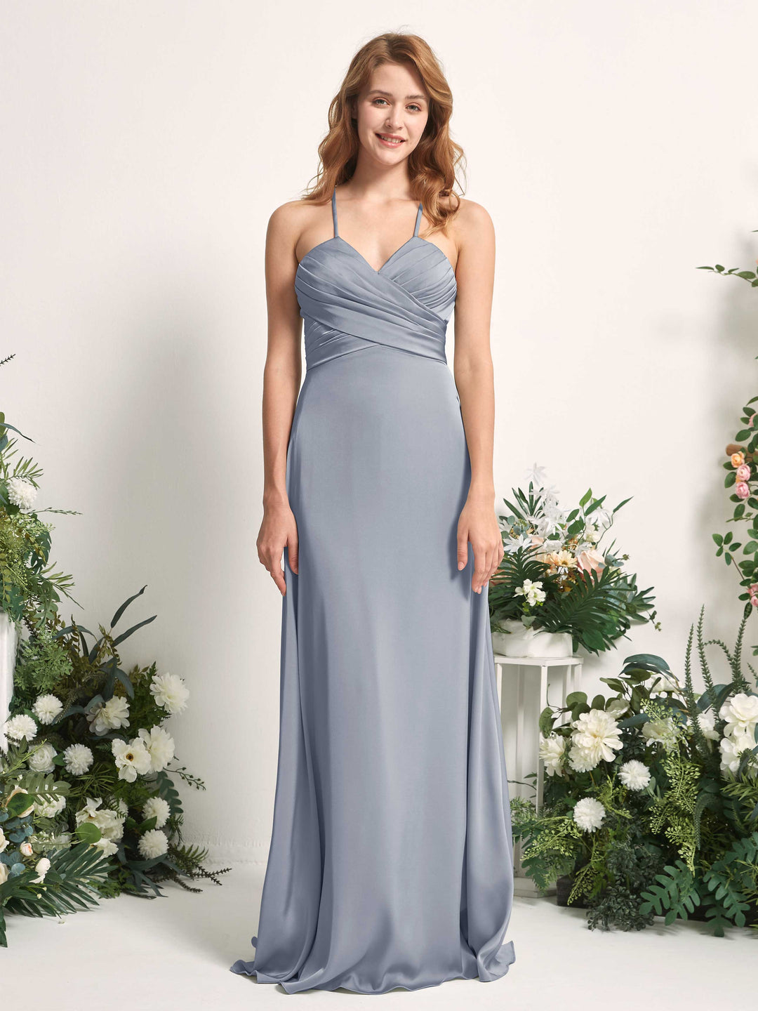 Carlyna A-Linien-Kleid V-Ausschnitt Satin Brautjungfernkleid Staubiges Blau 