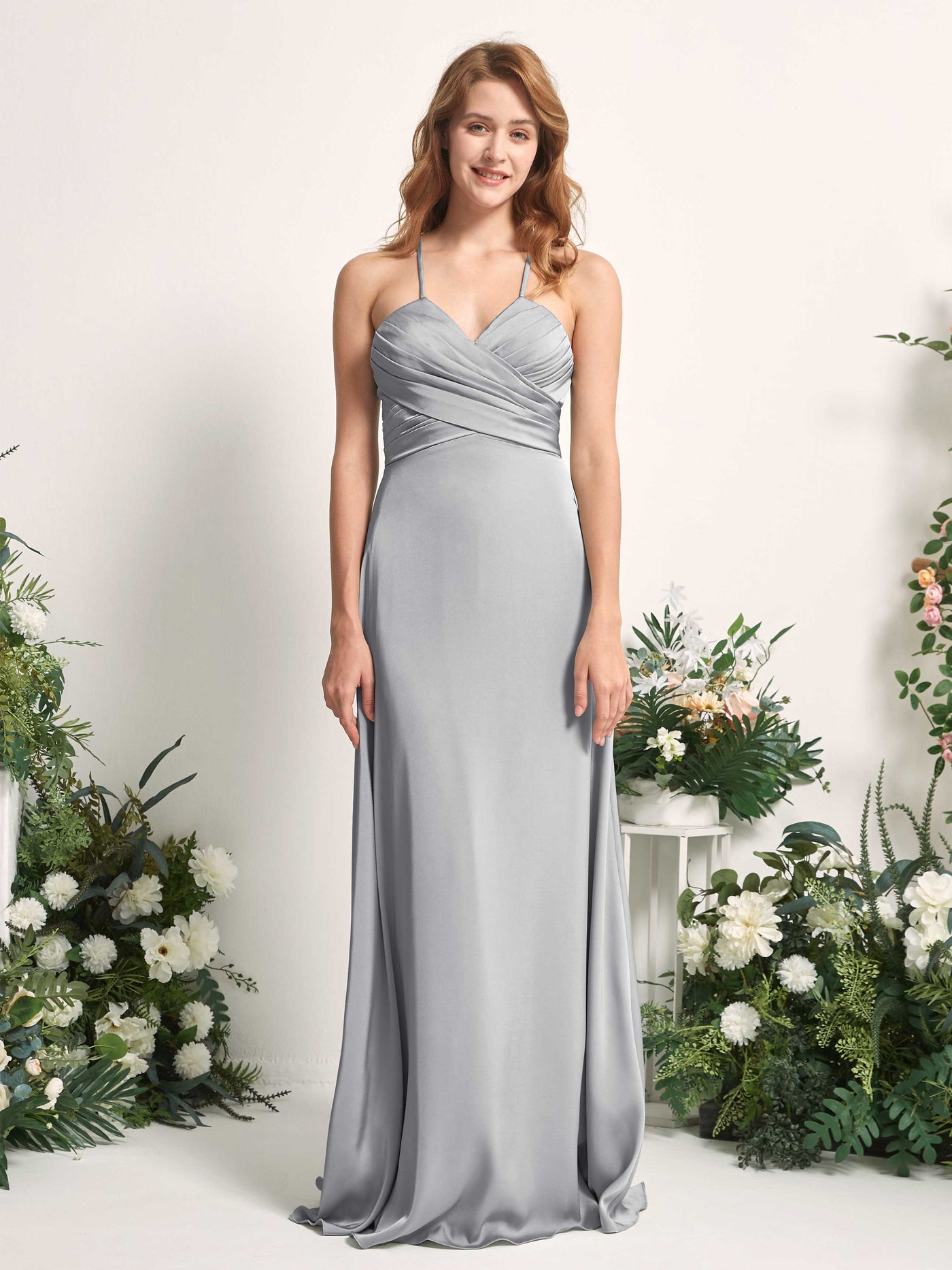 Carlyna A-Linien-Kleid V-Ausschnitt Satin Brautjungfernkleid Taube #farbe_taube