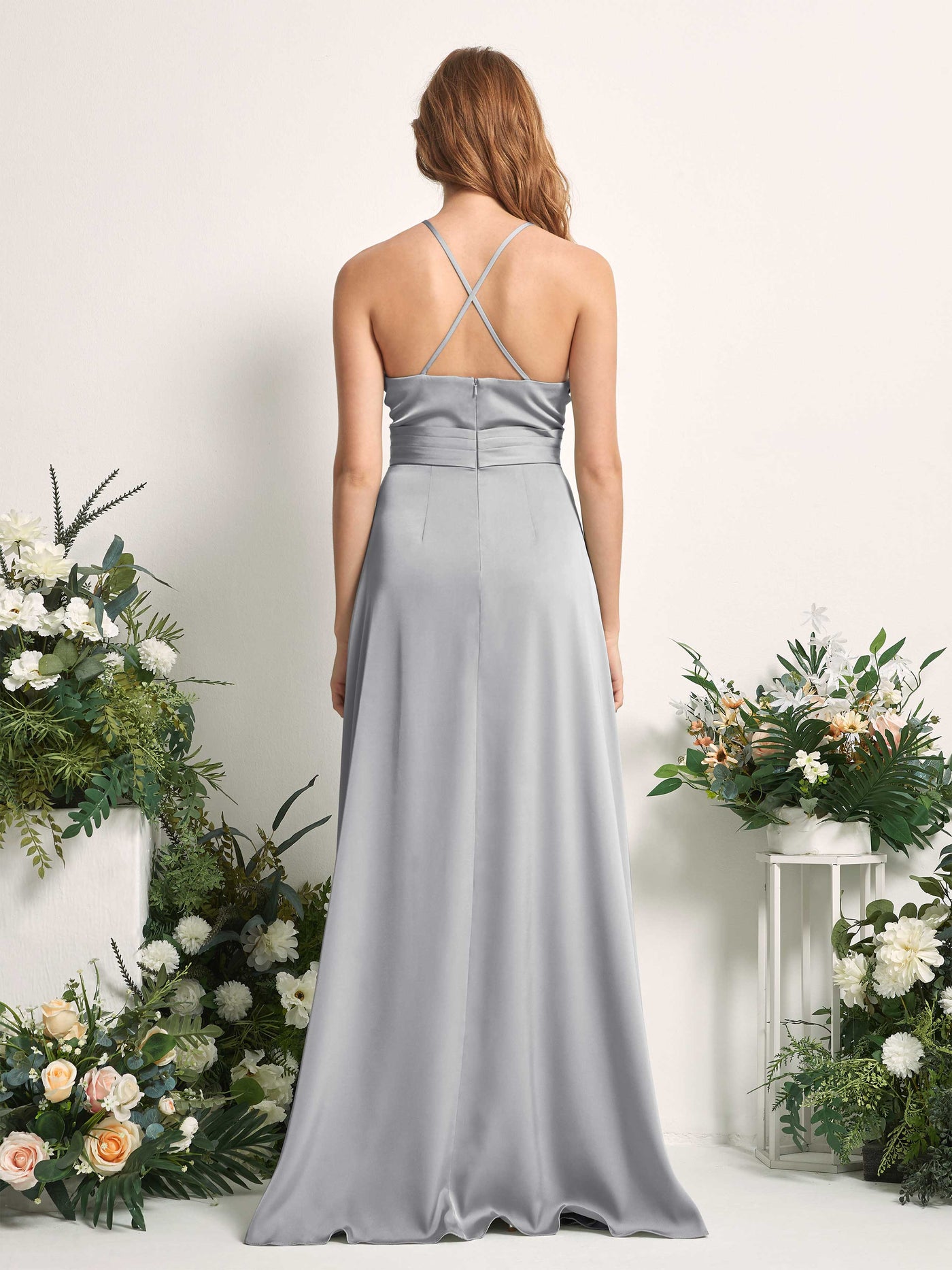Carlyna A-Linien-Kleid V-Ausschnitt Satin Brautjungfernkleid Taube #farbe_taube