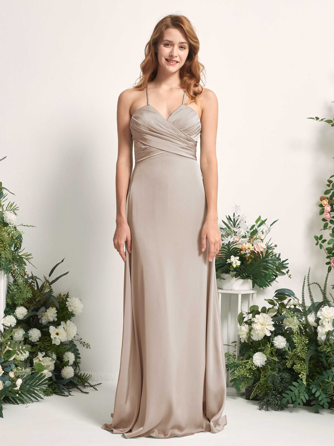 Carlyna A-Linien-Kleid V-Ausschnitt Satin Brautjungfernkleid Taupe 