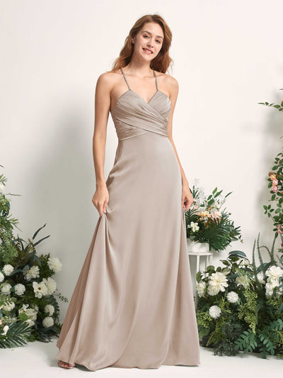 Carlyna A-Linien-Kleid V-Ausschnitt Satin Brautjungfernkleid Taupe #farbe_taupe