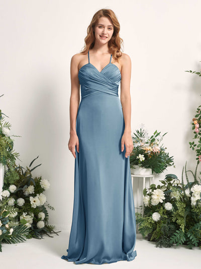Carlyna A-Linien-Kleid V-Ausschnitt Satin Brautjungfernkleid Tinte Blau #farbe_tinte-blau