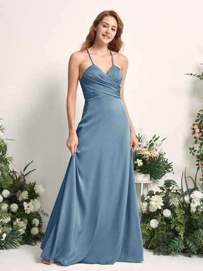 Carlyna A-Linien-Kleid V-Ausschnitt Satin Brautjungfernkleid Tinte Blau #farbe_tinte-blau