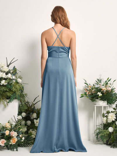 Carlyna A-Linien-Kleid V-Ausschnitt Satin Brautjungfernkleid Tinte Blau #farbe_tinte-blau
