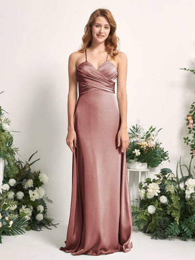Carlyna A-Linien-Kleid V-Ausschnitt Satin Brautjungfernkleid Wüstenrose #farbe_w-stenrose