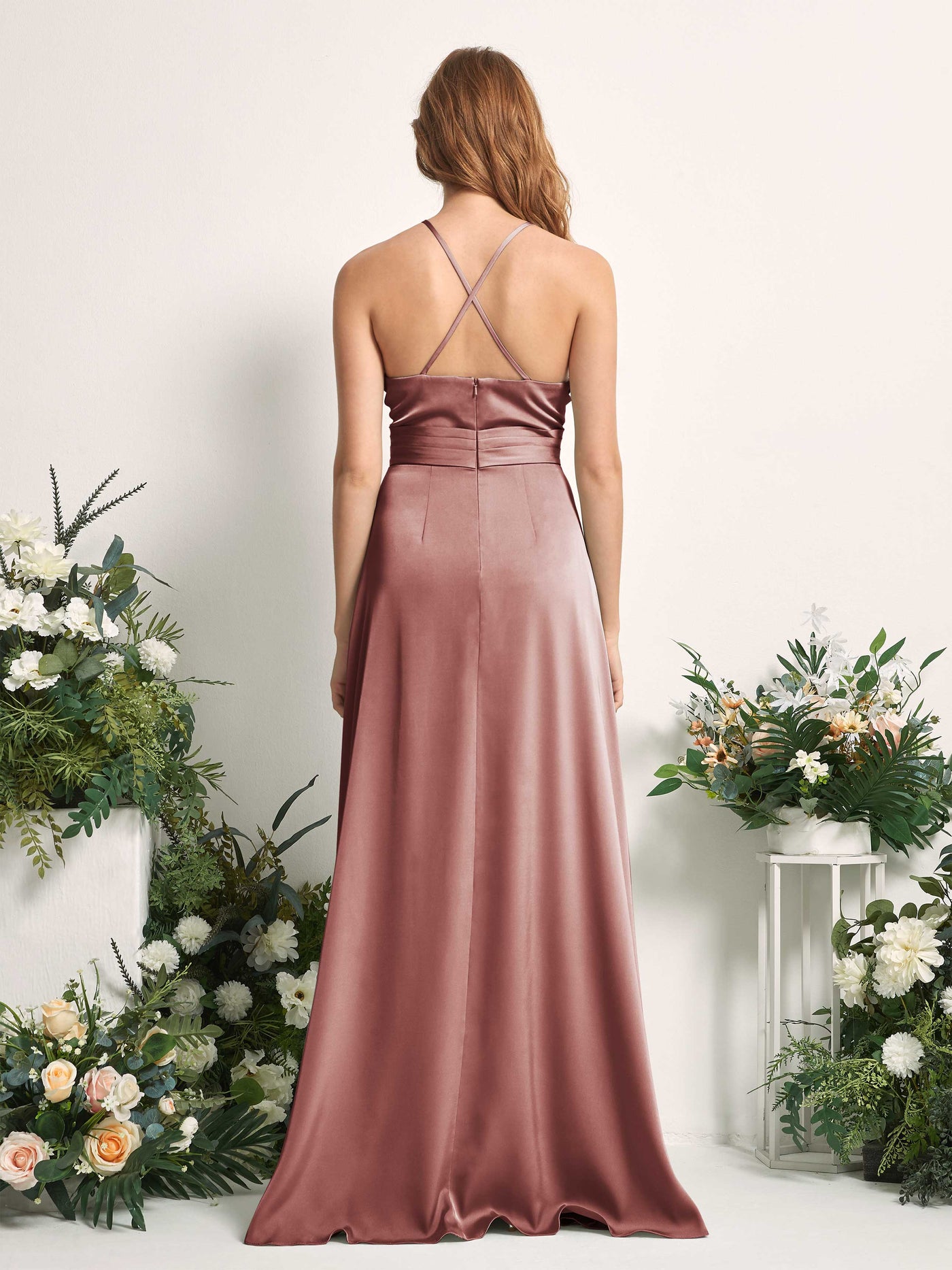 Carlyna A-Linien-Kleid V-Ausschnitt Satin Brautjungfernkleid Wüstenrose #farbe_w-stenrose