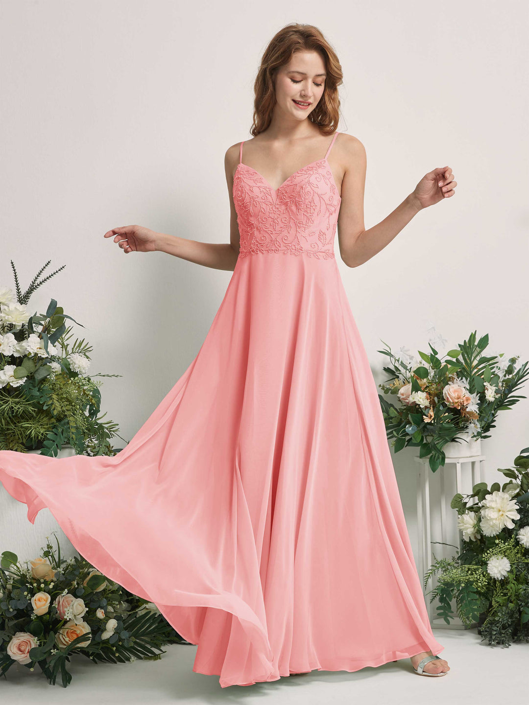 Carlyna A-Linien-Kleid V-Ausschnitt Spaghettiträger Bodenlang Brautjungfernkleider Ballettrosa 