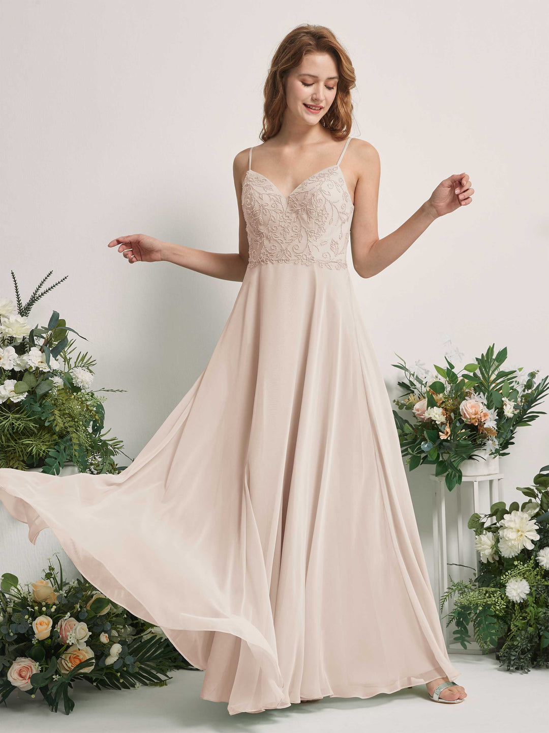 Carlyna A-Linien-Kleid V-Ausschnitt Spaghettiträger Bodenlang Brautjungfernkleider Champagner 