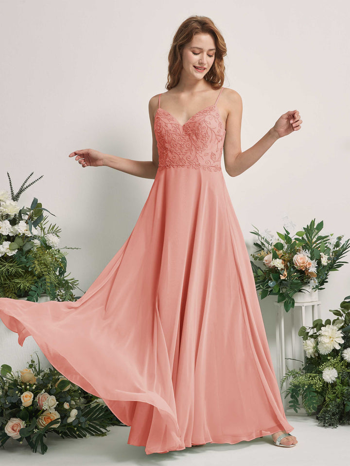 Carlyna A-Linien-Kleid V-Ausschnitt Spaghettiträger Bodenlang Brautjungfernkleider Champagner-Rose 