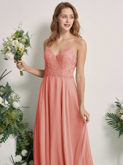 Carlyna A-Linien-Kleid V-Ausschnitt Spaghettiträger Bodenlang Brautjungfernkleider Champagner-Rose #farbe_champagner-rose
