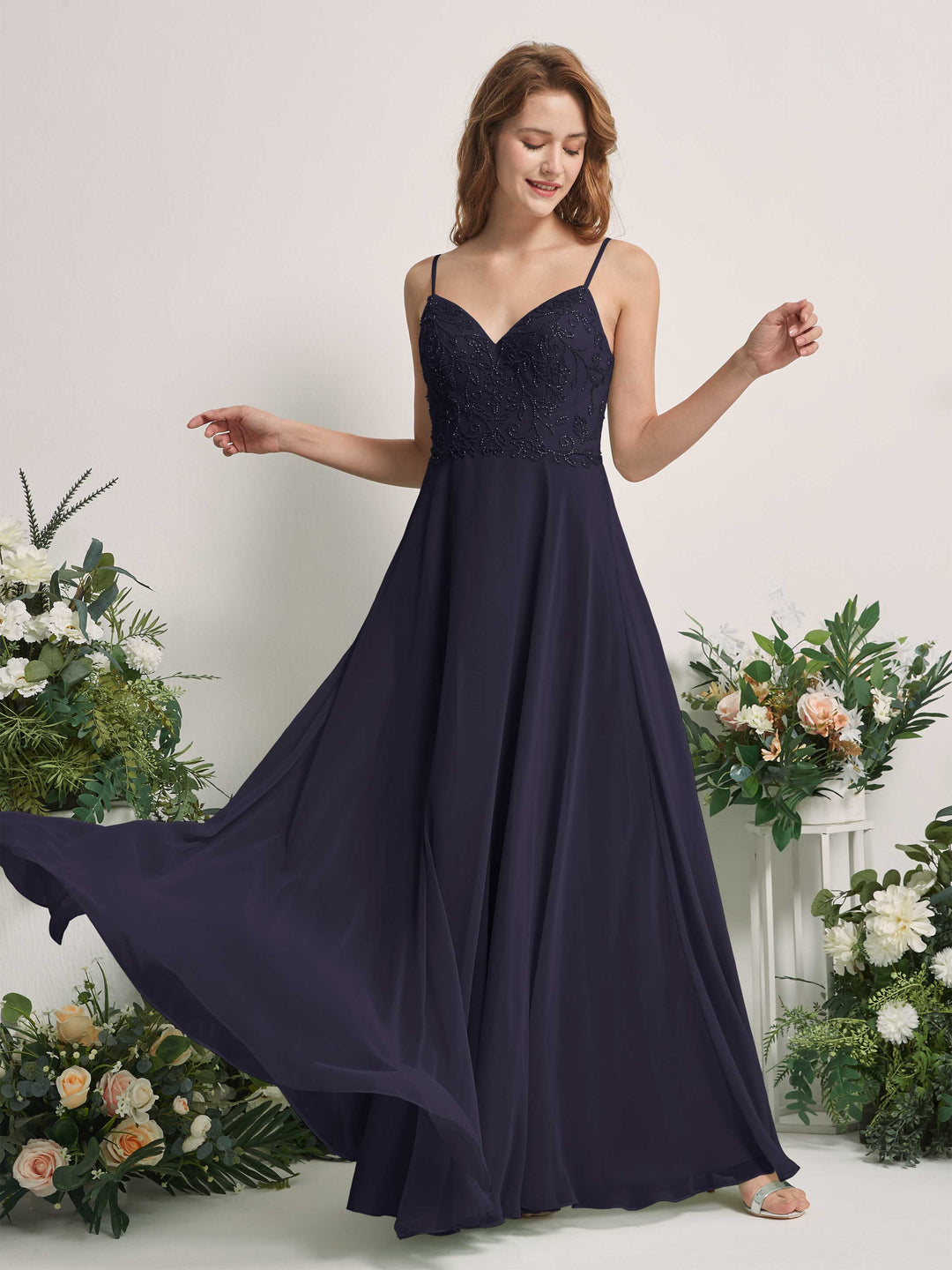 Carlyna A-Linien-Kleid V-Ausschnitt Spaghettiträger Bodenlang Brautjungfernkleider Dunkel Marineblau 