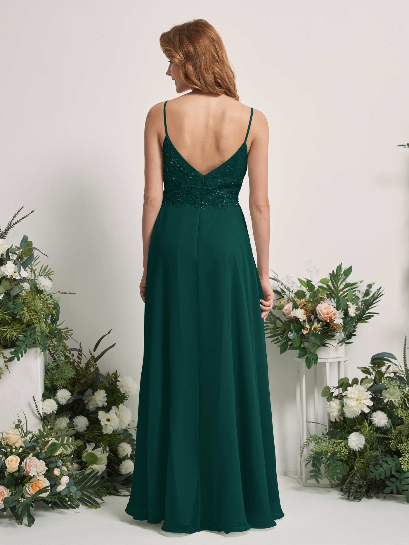 Carlyna A-Linien-Kleid V-Ausschnitt Spaghettiträger Bodenlang Brautjungfernkleider Dunkelsmaragd #farbe_dunkelsmaragd