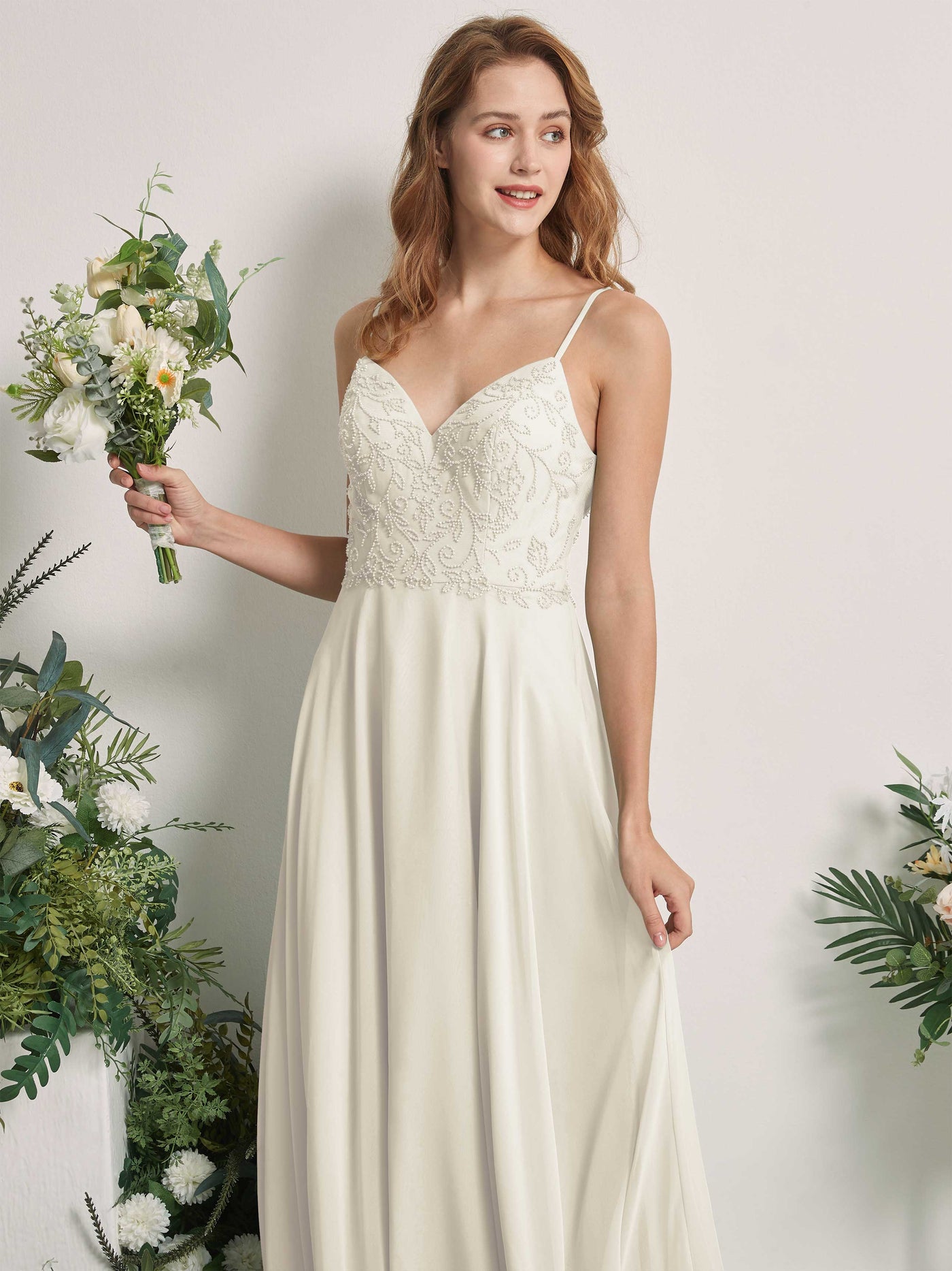 Carlyna A-Linien-Kleid V-Ausschnitt Spaghettiträger Bodenlang Brautjungfernkleider Elfenbein #farbe_elfenbein