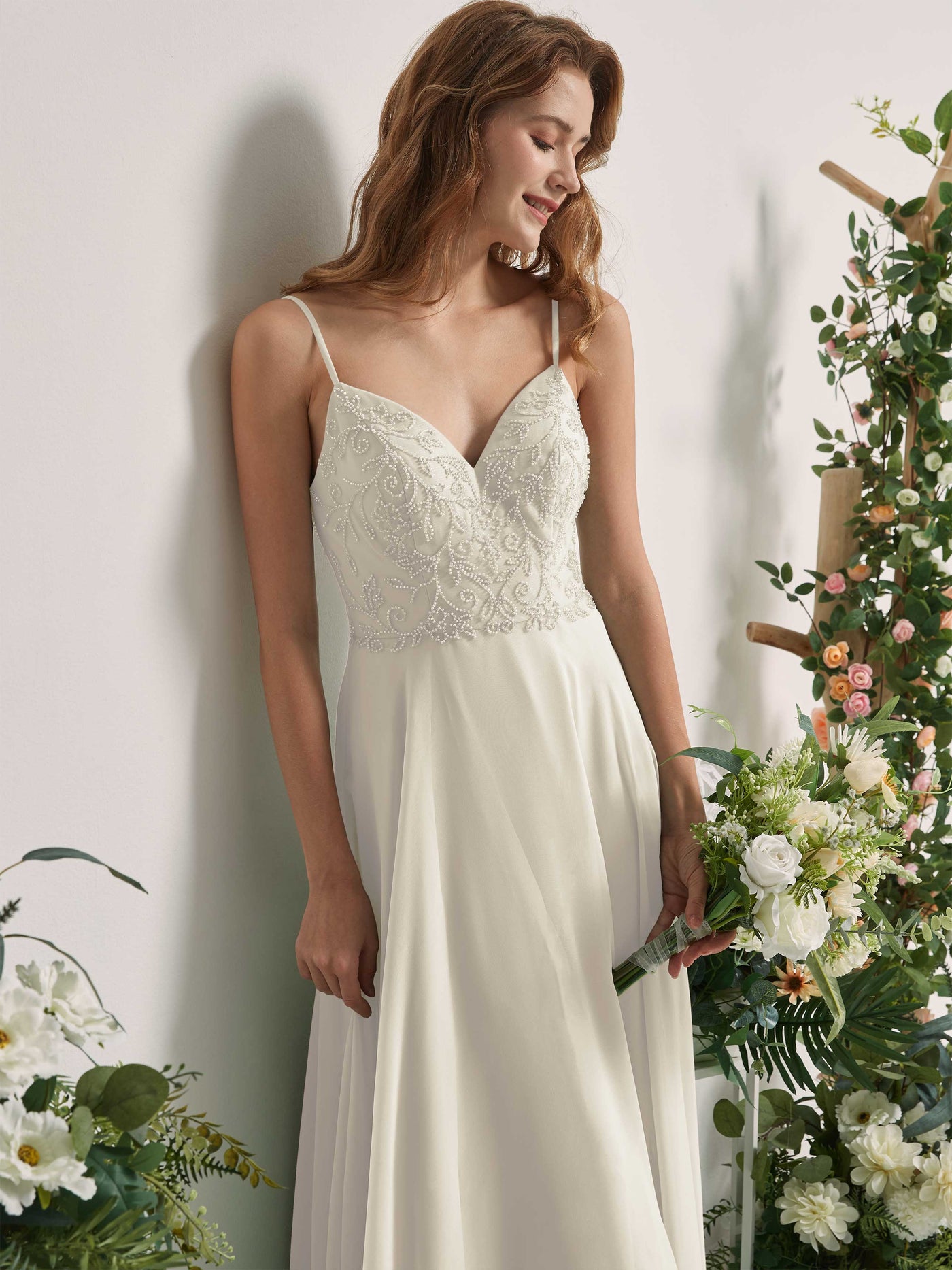Carlyna A-Linien-Kleid V-Ausschnitt Spaghettiträger Bodenlang Brautjungfernkleider Elfenbein #farbe_elfenbein