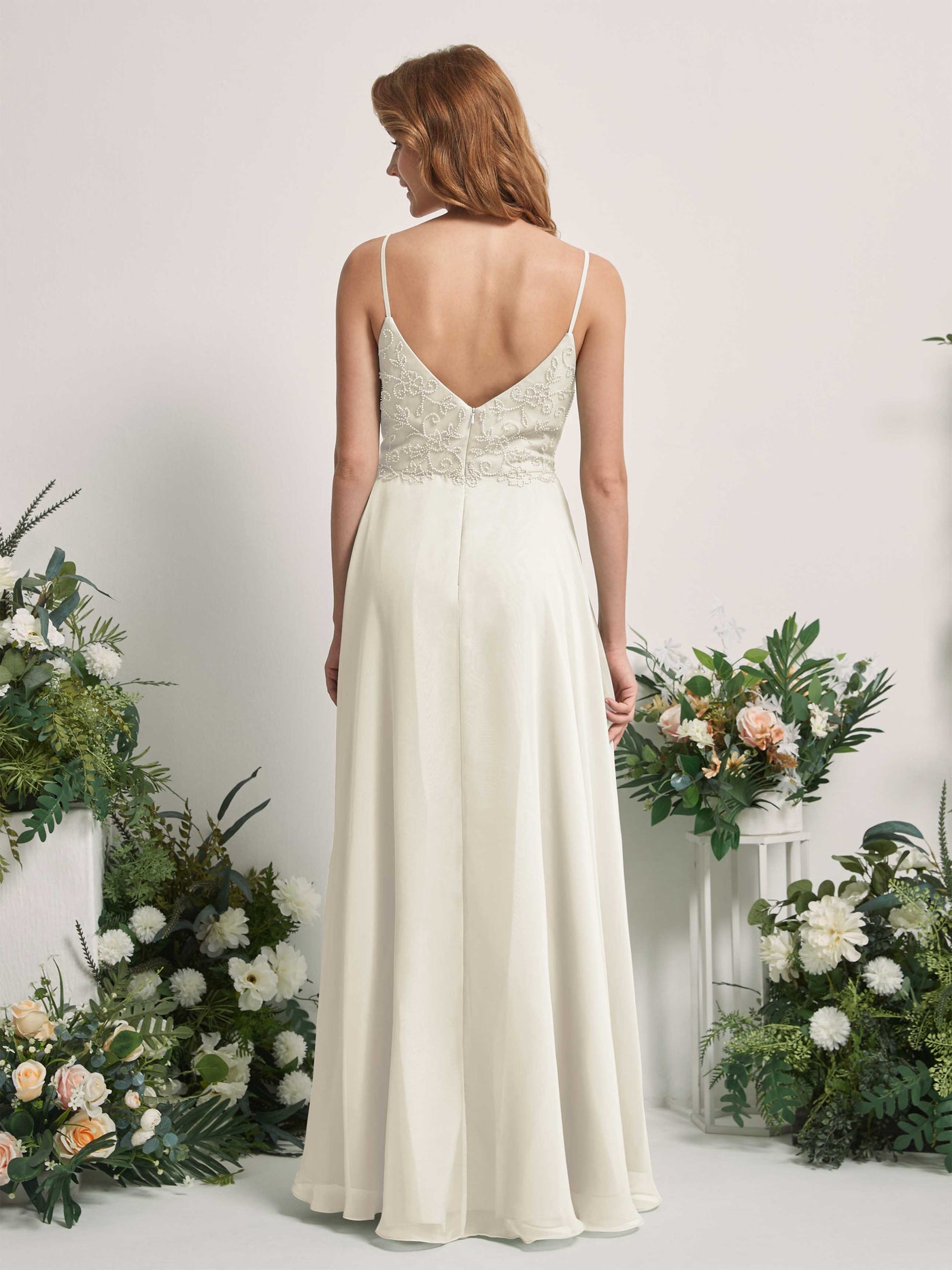 Carlyna A-Linien-Kleid V-Ausschnitt Spaghettiträger Bodenlang Brautjungfernkleider Elfenbein #farbe_elfenbein