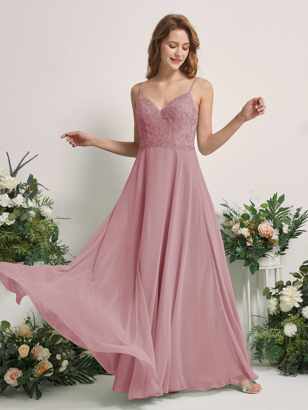 Carlyna A-Linien-Kleid V-Ausschnitt Spaghettiträger Bodenlang Brautjungfernkleider Klassisch Mauve 