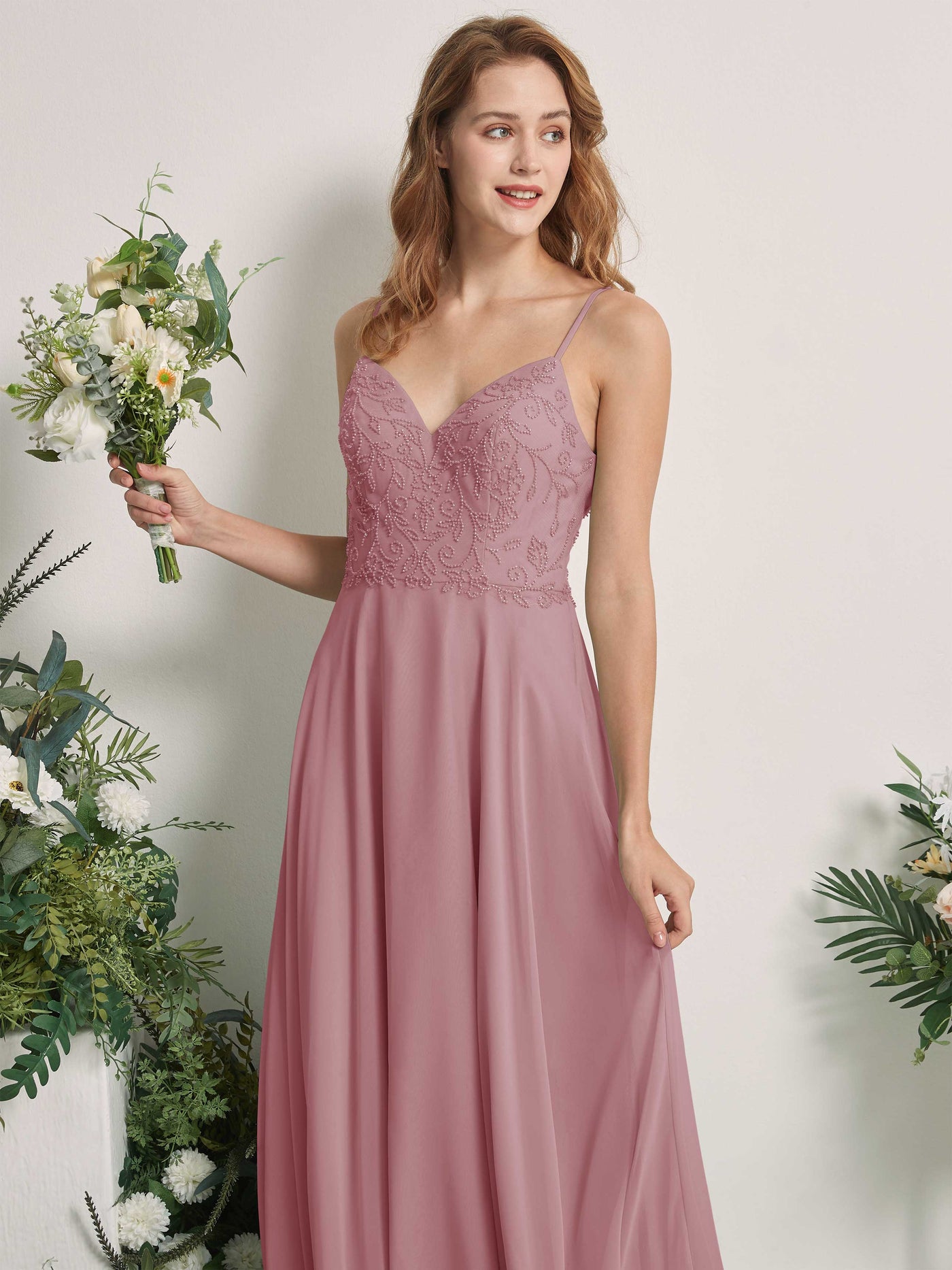 Carlyna A-Linien-Kleid V-Ausschnitt Spaghettiträger Bodenlang Brautjungfernkleider Klassisch Mauve #farbe_klassisch-mauve
