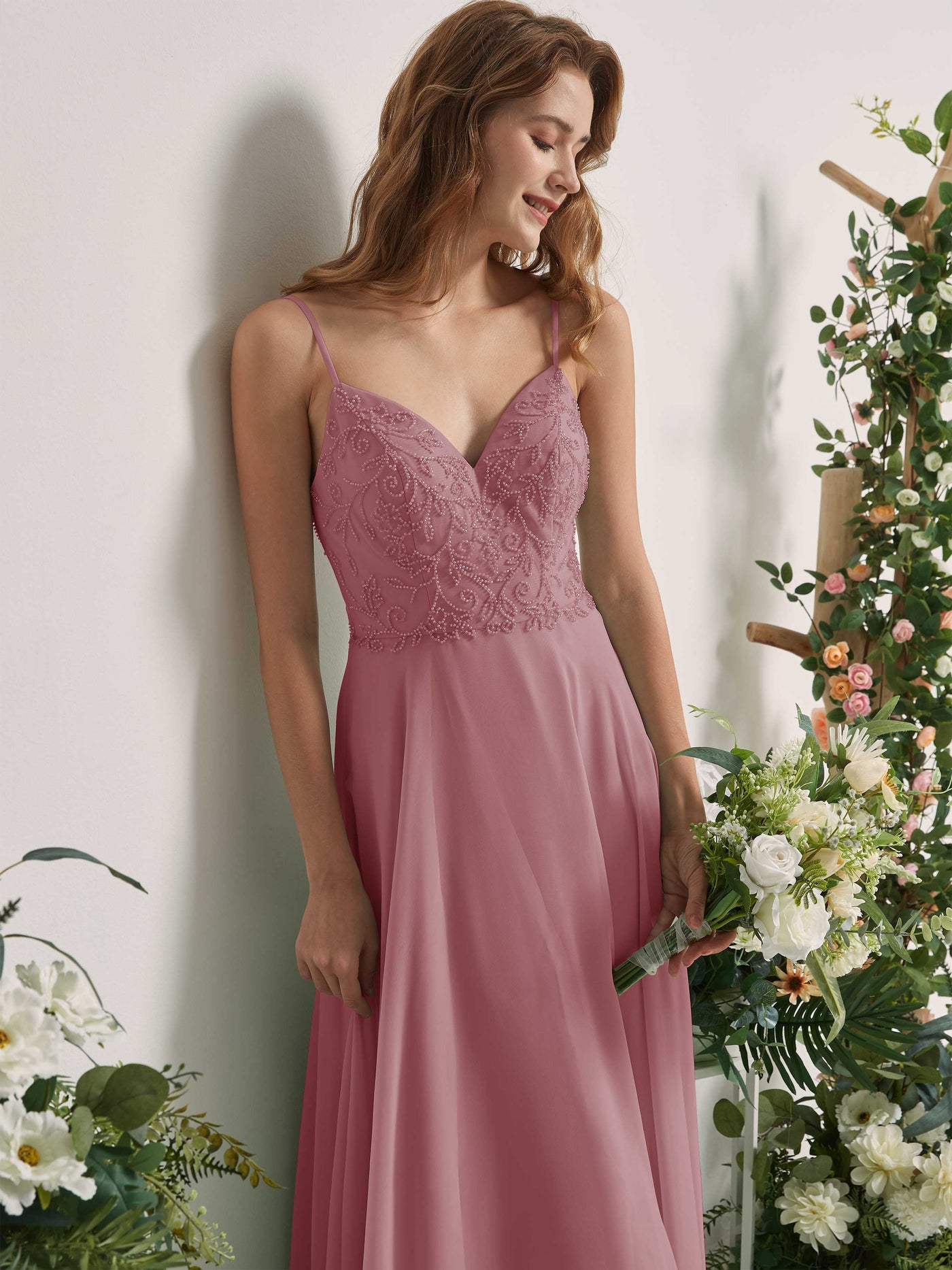 Carlyna A-Linien-Kleid V-Ausschnitt Spaghettiträger Bodenlang Brautjungfernkleider Klassisch Mauve #farbe_klassisch-mauve