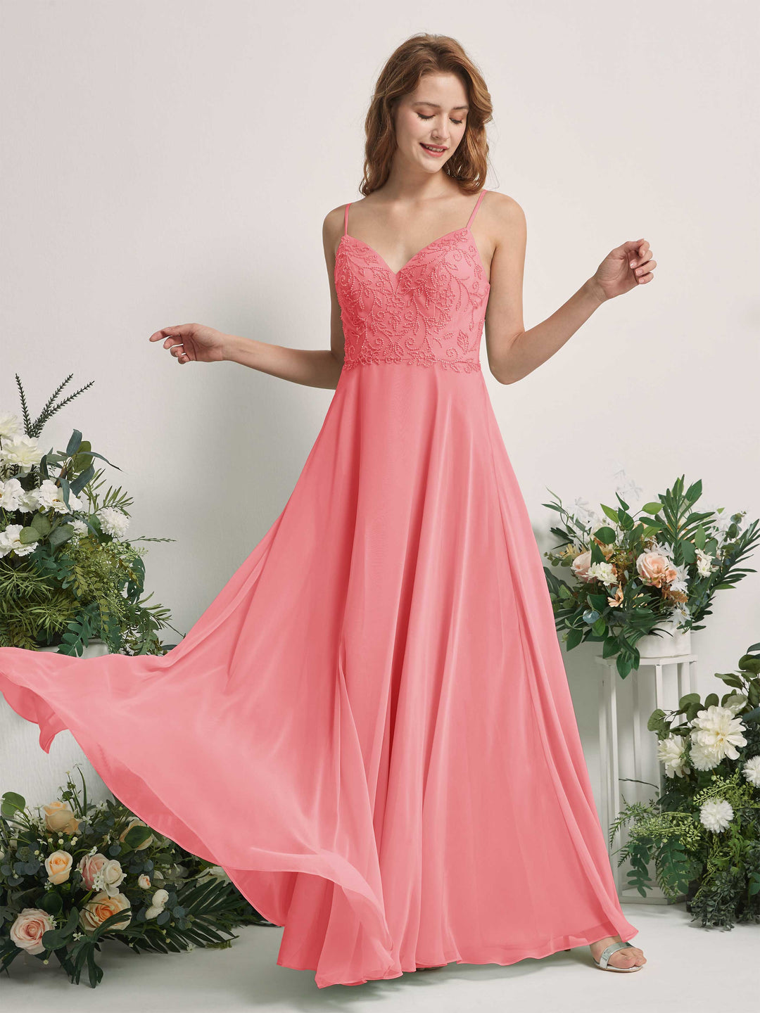 Carlyna A-Linien-Kleid V-Ausschnitt Spaghettiträger Bodenlang Brautjungfernkleider Korallenrosa 