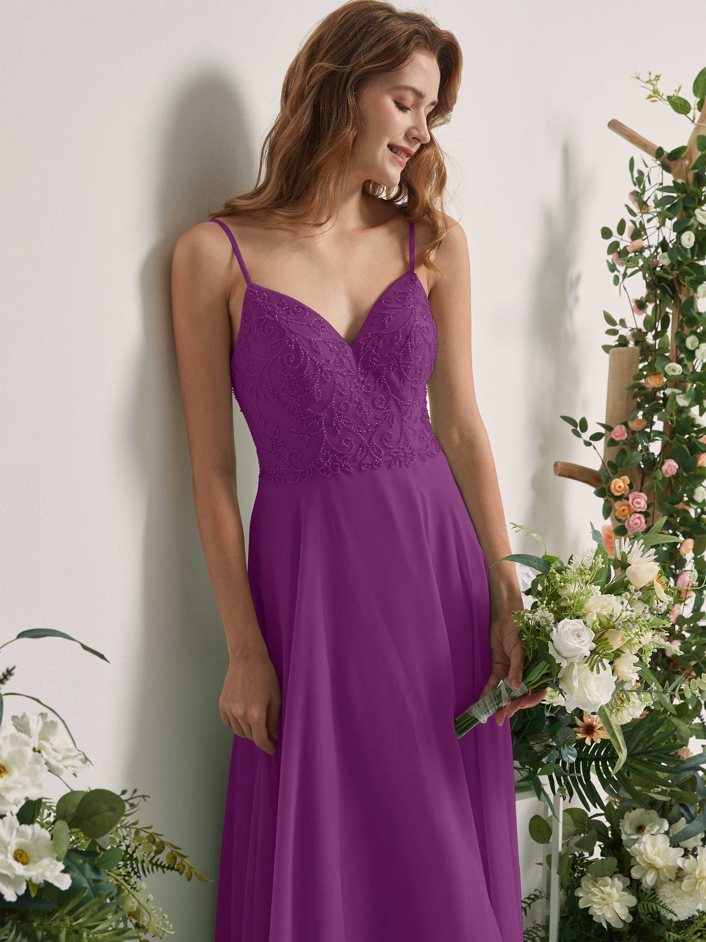 Carlyna A-Linien-Kleid V-Ausschnitt Spaghettiträger Bodenlang Brautjungfernkleider Lila #farbe_lila