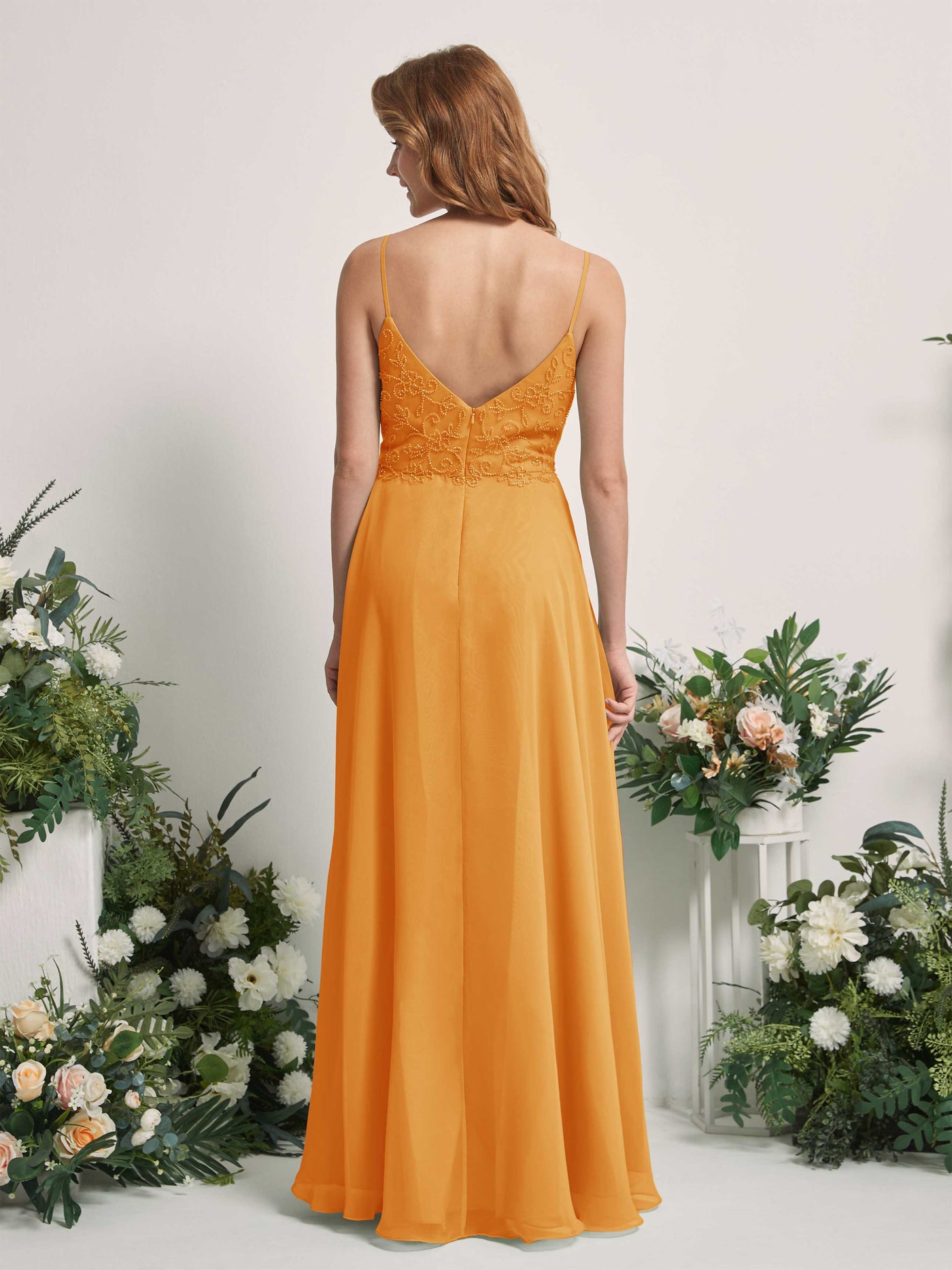 Carlyna A-Linien-Kleid V-Ausschnitt Spaghettiträger Bodenlang Brautjungfernkleider Mango #farbe_mango