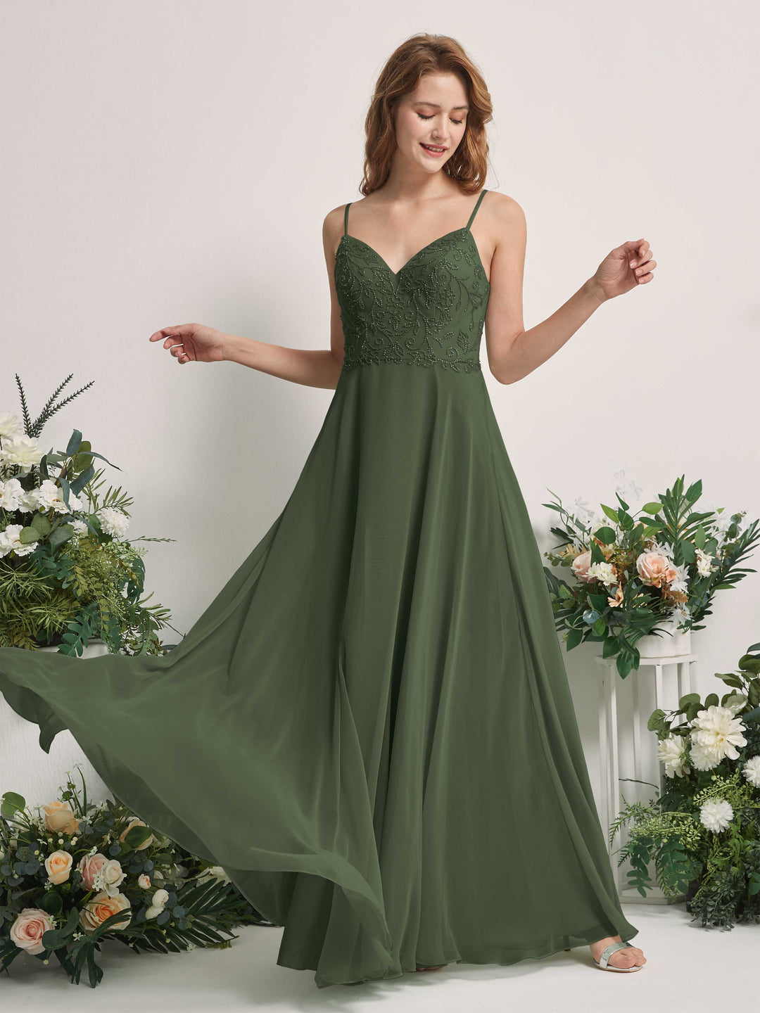 Carlyna A-Linien-Kleid V-Ausschnitt Spaghettiträger Bodenlang Brautjungfernkleider Martini-Olive 
