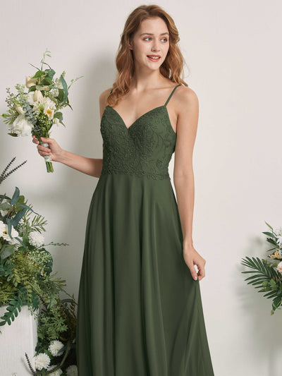 Carlyna A-Linien-Kleid V-Ausschnitt Spaghettiträger Bodenlang Brautjungfernkleider Martini-Olive #farbe_martini-olive