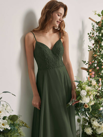 Carlyna A-Linien-Kleid V-Ausschnitt Spaghettiträger Bodenlang Brautjungfernkleider Martini-Olive #farbe_martini-olive