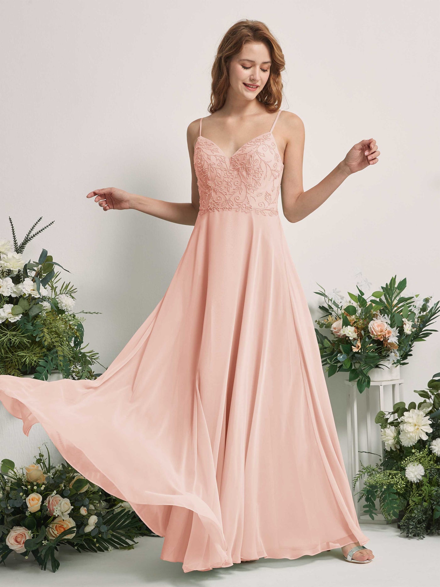 Carlyna A-Linien-Kleid V-Ausschnitt Spaghettiträger Bodenlang Brautjungfernkleider Perlrosa #farbe_perlrosa