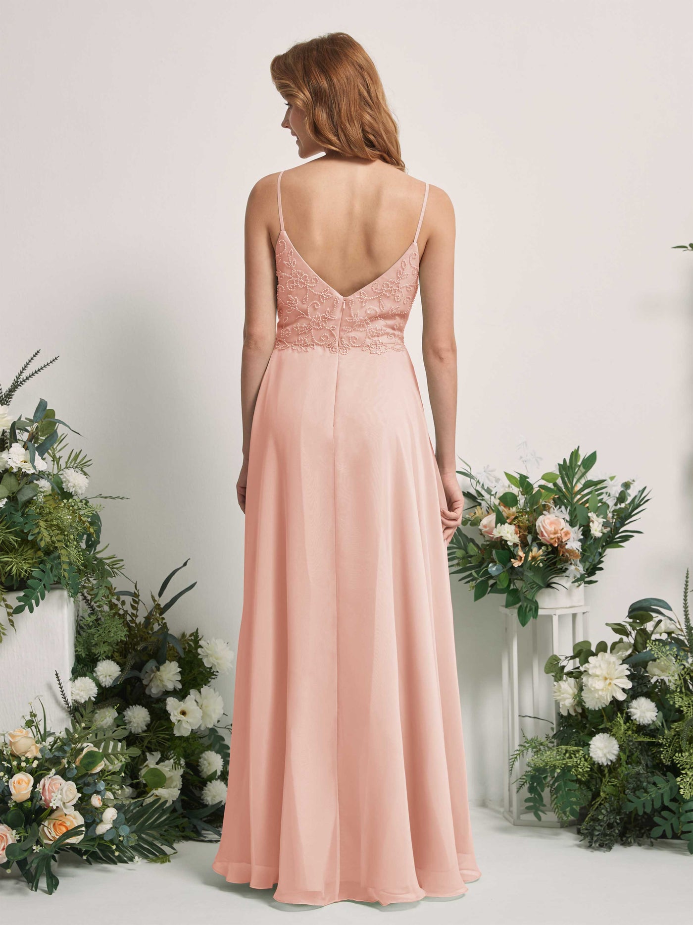 Carlyna A-Linien-Kleid V-Ausschnitt Spaghettiträger Bodenlang Brautjungfernkleider Perlrosa #farbe_perlrosa